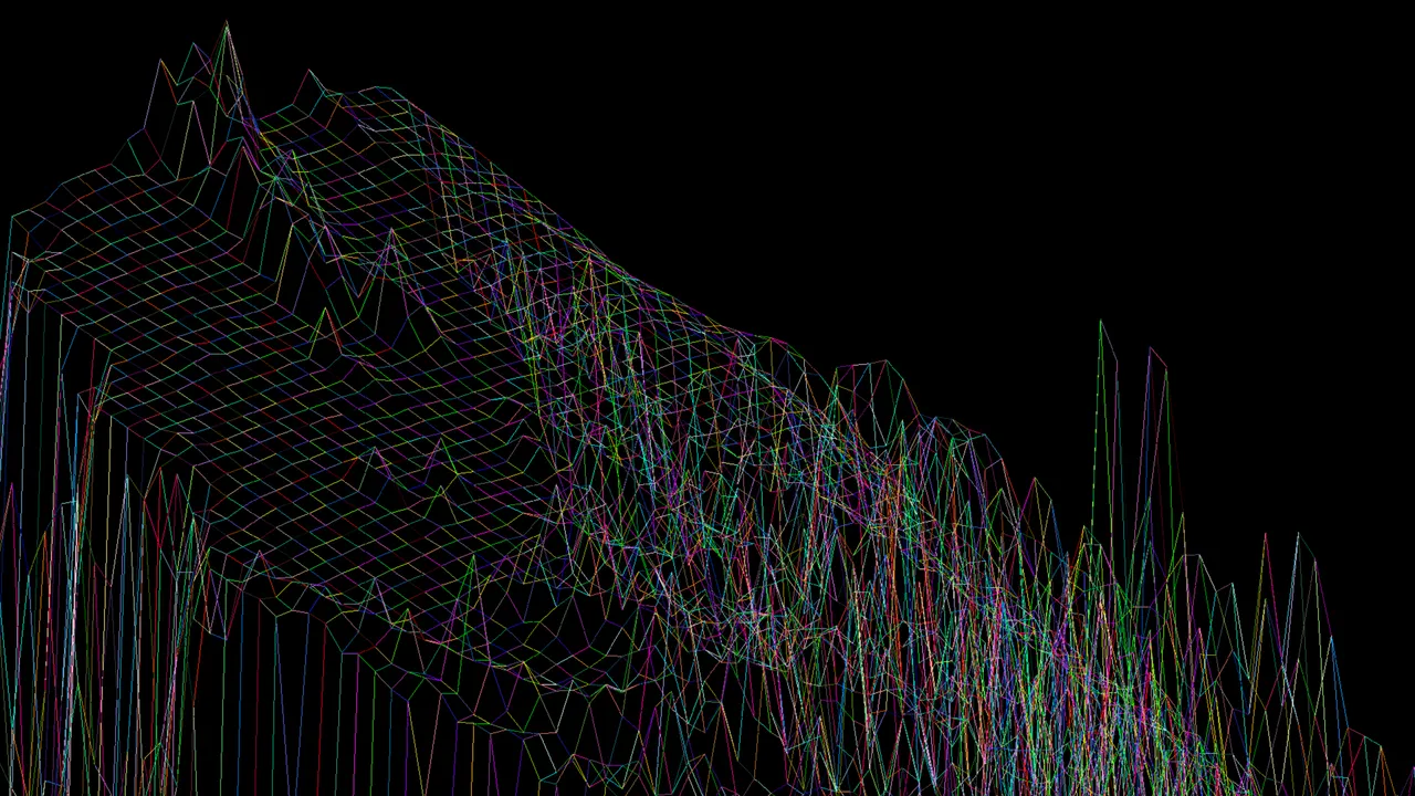 A landscape rendered as a colored isometric wireframe in the FdF application.